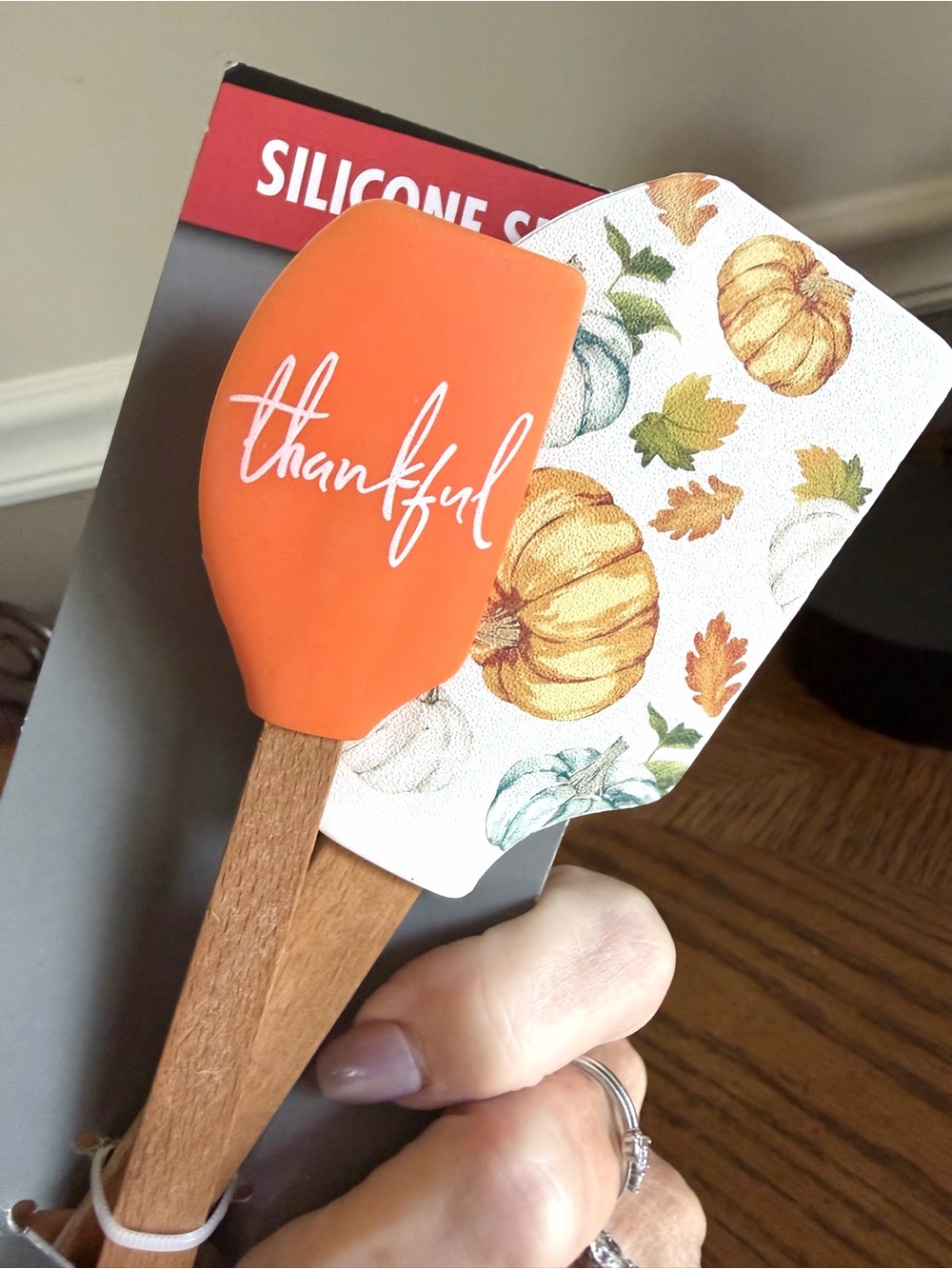 Thankful Orange & white  Silicone Spatula Set with Pumpkin Pattern wooden handle